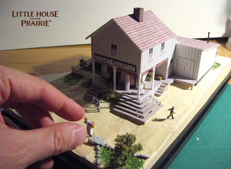 The mercantile HO scale with scenery being added in. Another Eric Caron Little House on the Prairie model!