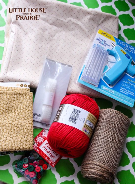 Materials to create a no-sew Christmas tree table runner for a Little House on the Prairie Christmas