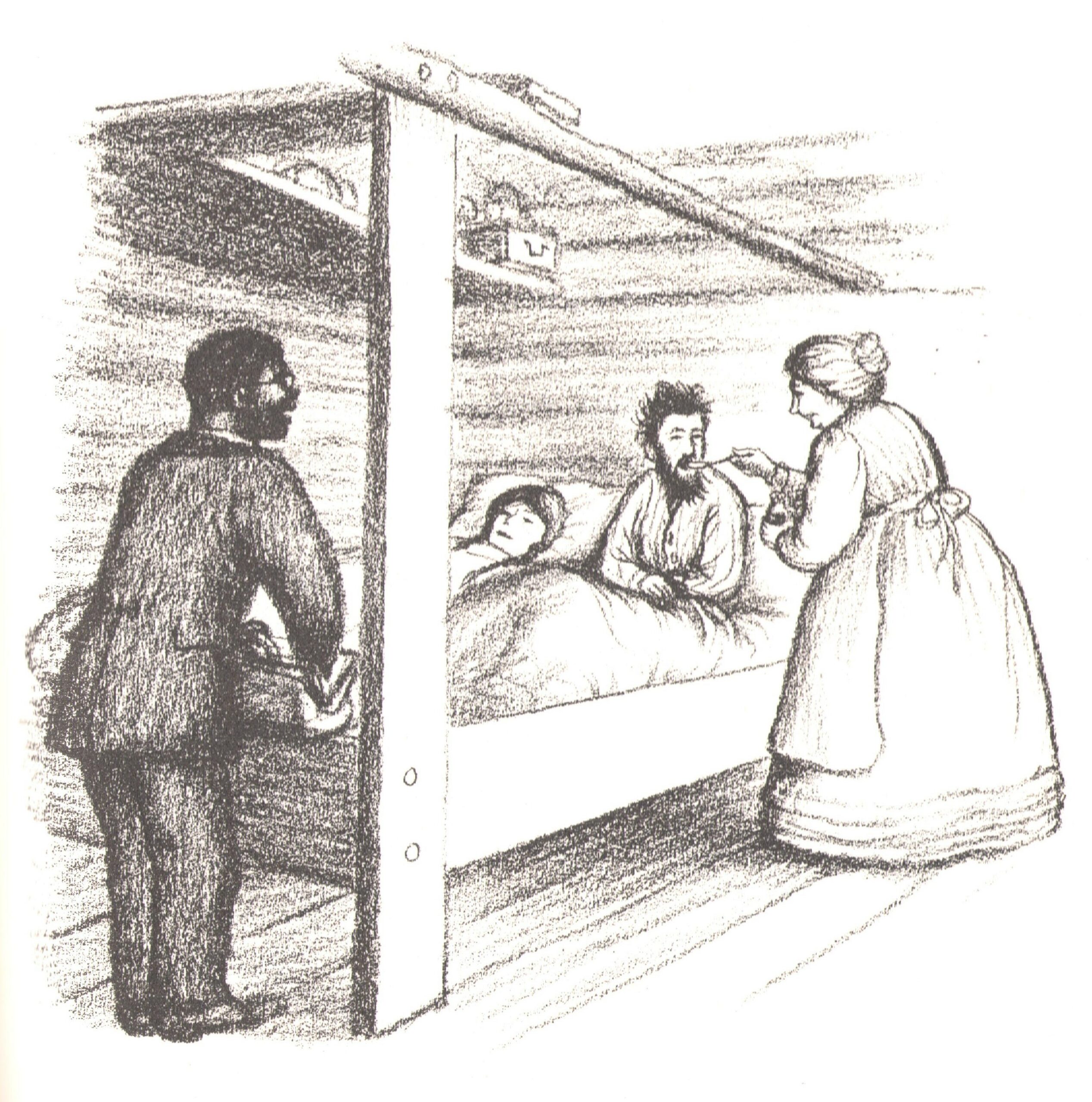 Dr. Tan and Mrs. Scott tend to the Ingalls family in Chapter 15 of Little House on the Prairie. Illustration by Garth Williams.