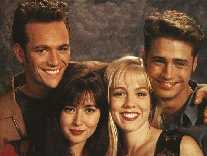 Luke Perry, Jason Priestley, Shannen Doherty, and Jennie Garth in Beverly Hills, 90210 (1990)